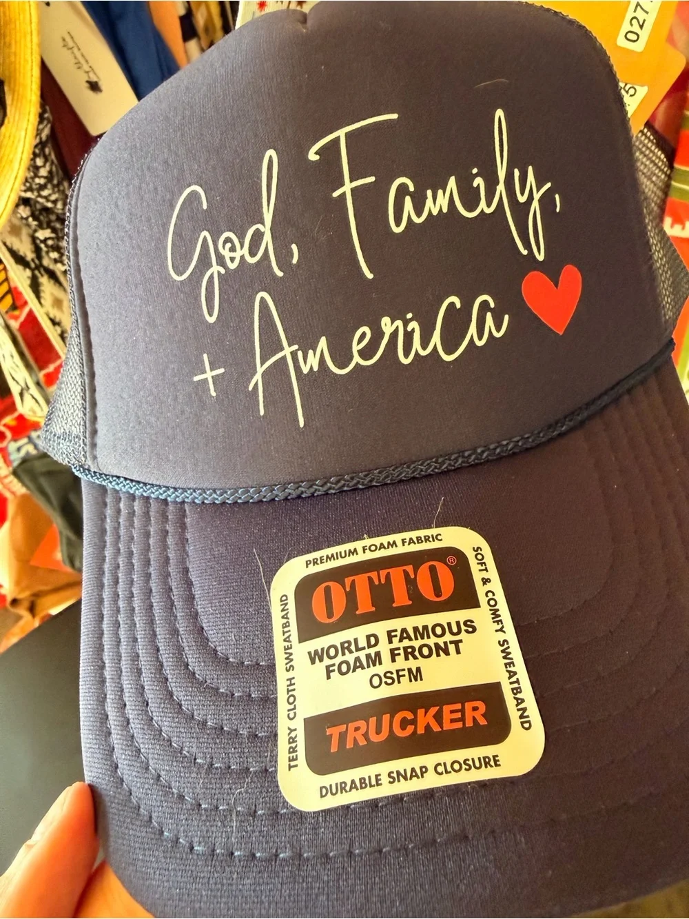 OTTO Navy Trucker Hat “God, Family + America”